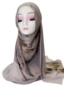 1pc Women's Fashion Patchwork Chiffon Printed Scarf, Contrast Color Casual Polyester Headscarf, Style Elegant Versatile Long Scarf, All Season