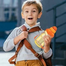 MILTON 13 Oz Spill Proof Reusable Cute Toddler Water Bottle 4- Pack Kids With Straw For School Flip Top Lid Small Bulk For Trips, Lunch, Day Cares Carry Strap Multi-Color - 彩色 - 查看 4