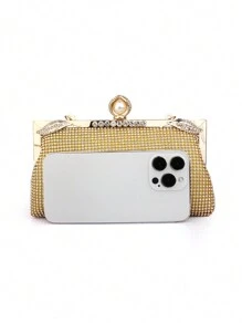Classic Design Rhinestone Embellished Handbag & Clutch, Women Evening Party Purse - Gold - View 3