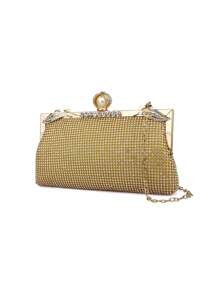Classic Design Rhinestone Embellished Handbag & Clutch, Women Evening Party Purse - Gold - View 6
