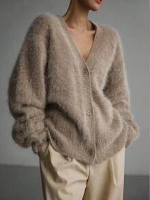Women's Fuzzy Cardigan Soft Loose Long Sleeve Button Down V Neck Oversized Slouchy Furry Sweater Coat Chic Tops