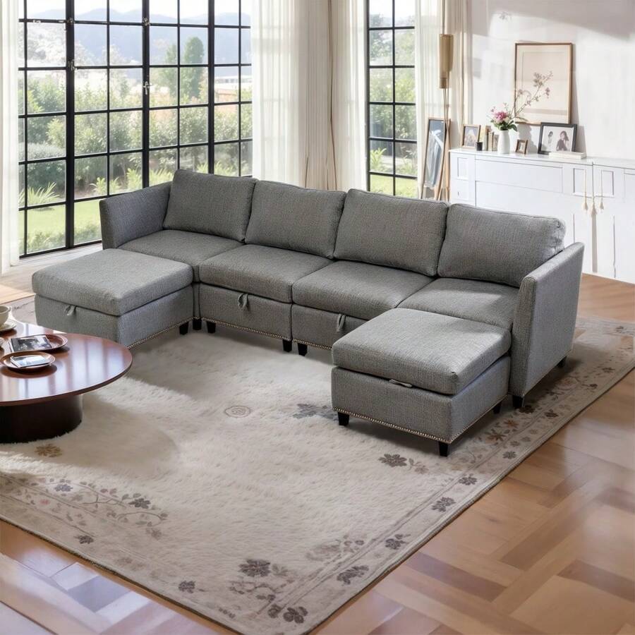 U-Shape Light Gray Sectional With Reversible Chaise Lounge, Storage Seat 6-Seater Sectional, Convertible - Grey - View 1