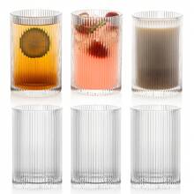 POLIDREAM Vintage Ribbed Glassware Set 6 Pcs, 16.9oz XL Drinking Glasses, Fluted Ripple Drinkware, Origami Style, Elegant Glassware For Whiskey, Cocktail, Iced Coffee, Juice, Beer, Soda - Transparent - View 2