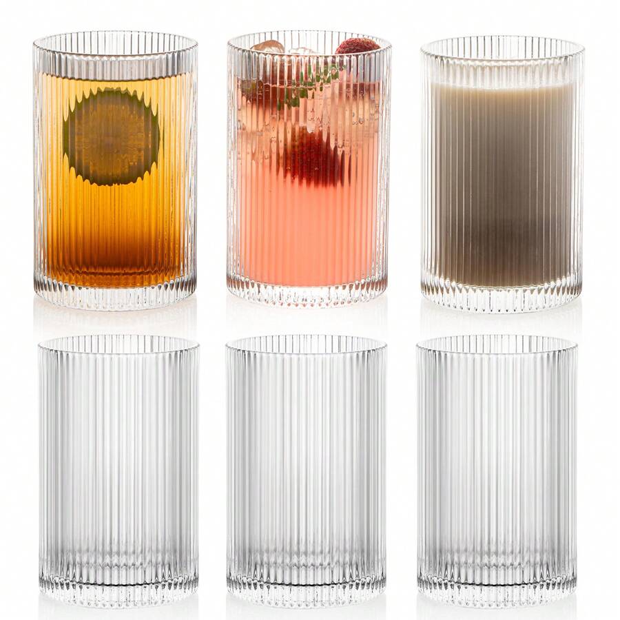 POLIDREAM Vintage Ribbed Glassware Set 6 Pcs, 16.9oz XL Drinking Glasses, Fluted Ripple Drinkware, Origami Style, Elegant Glassware For Whiskey, Cocktail, Iced Coffee, Juice, Beer, Soda
