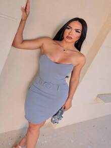 Short Ana Ruga Ribbed Strapless Dress - グレー - チェックする 4