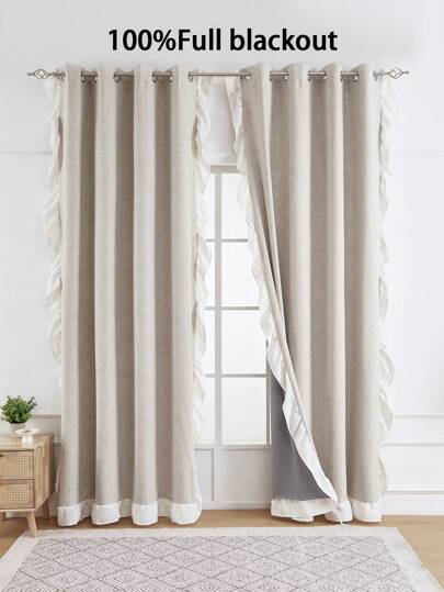 1pc Solid Color Linen Blackout Curtain With Ruffle Hem & Eyelets