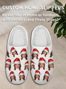 1 Pair Christmas Custom Home Slippers, Personalized Santa Photo Home Slippers, Custom Christmas Hat Thick Sole Home Slippers, Personalized Home Slippers, Photo Home Slippers, Personalized Home Slippers For Women, Personalized Home Slippers, Halloween Gift, Funny Gift ﻿