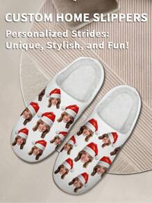 1 Pair Christmas Custom Home Slippers, Personalized Santa Photo Home Slippers, Custom Christmas Hat Thick Sole Home Slippers, Personalized Home Slippers, Photo Home Slippers, Personalized Home Slippers For Women, Personalized Home Slippers, Halloween Gift, Funny Gift ﻿