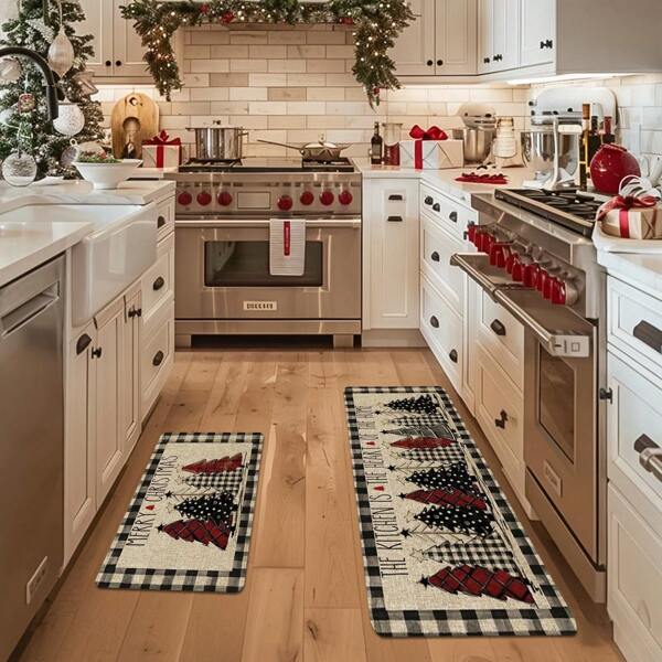 1/2pcs  Black And White Buffalo Plaid Xmas Tree Merry Christmas Kitchen Mats Set, Winter Home Decor Low-Profile Kitchen Rugs For Floor