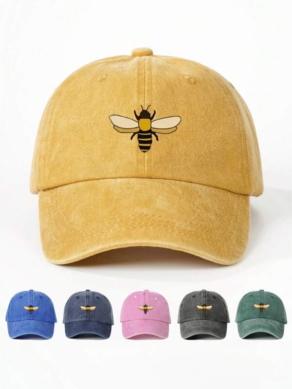 1pc Printed Bee Washed Baseball Cap, Outdoor Sun Protection Casual Cap For Boys And Girls, Suitable For Spring/Autumn Travel, Beach Holiday