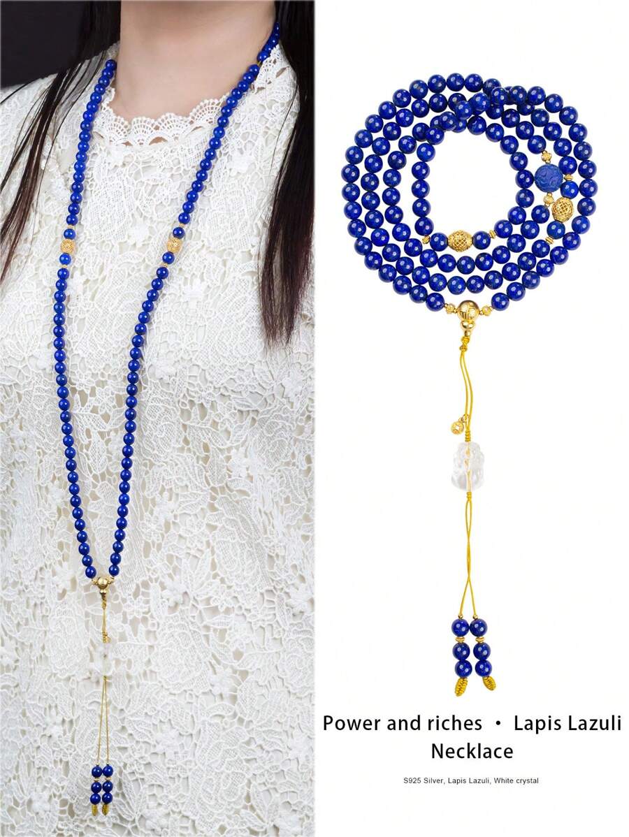 VE 1 Stück hochwertiger 108 Perlen Halskette aus Sterlingsilber mit natürlichem Lapislazuli, mit tiefer Farbe wie ein Sternenhimmel und geheimnisvollem Glanz. Die 108 Perlen symbolisieren das Beseitigen von 108 weltlichen Problemen und bringen Glück und Frieden. Das Tragen am Hals zeigt nicht nur einen eleganten Geschmack, sondern beruhigt auch den Geist und fördert die Weisheit, passend für Praktizierende und Modebewusste. Die Farbe des Natursteins ist zufällig.