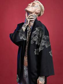 大码西游记白色骨印花休闲街头宽松羽织长袍 - 黑色 - 查看 2