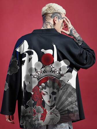 Plus Size Journey To The West White Bone Print Casual Street Loose  Haori Robe