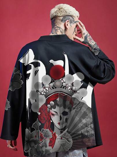 Plus Size Journey To The West White Bone Print Casual Street Loose  Haori Robe