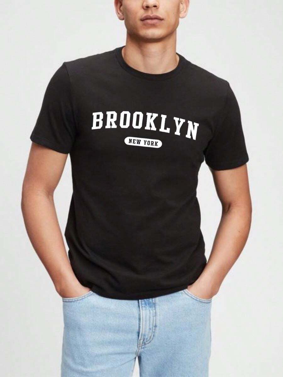 Men's Basic T-Shirt, 100% Cotton Knit, Short Sleeve, Brooklyn Print, Round Neck - 黑色 - 查看 1