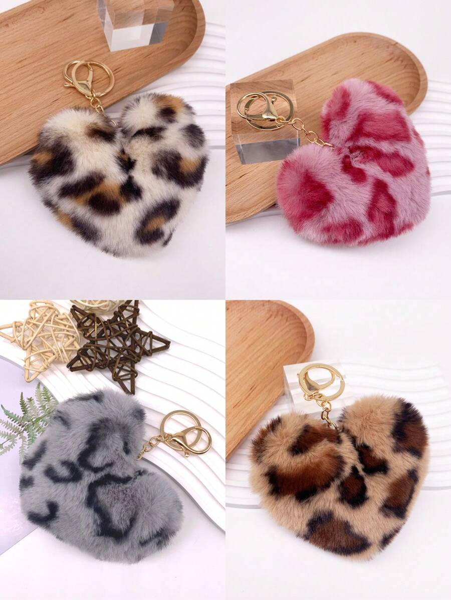 1 Piece Plush Heart Keychain With Colorful Leopard Print - Fashionable & Fun Accessory For Bags - Perfect Small Gift! Valentine's Day Valentines Backpack For School Car Accessories Cute Goth Y2k Bag Charms Car Accessories Teacher Friend Sister Gift Ideas - Beige - View 1