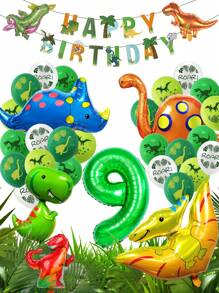 33pcs/Set Dinosaur Balloon Set Including Dinosaur Printed Happy Birthday Banner, Green Number Balloon, Dinosaur Printed Balloon, Suitable For Dinosaur Birthday Party And Theme Decoration, Christmas - Multicolor - View 10