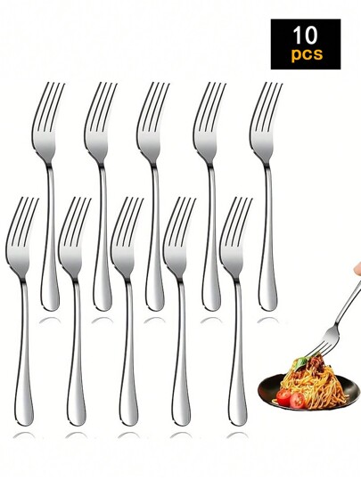 4pcs/10pcs Silver Stainless Steel Forks, 8 Inches (Approx. 20.5 Cm) Long Mirror Polished, Dishwasher Friendly, Perfect For Home Kitchen Or Restaurant Use,Kitchen,Christmas Gift