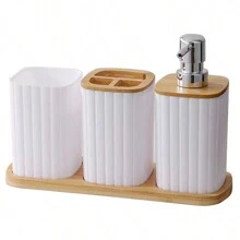 4Pcs Bathroom Set Soap Dispenser Toothbrush Cup And Bamboo Tray Set Countertop Toiletries Storage Set For Farmhouse Bathroom Decor Fall Decor Back To School