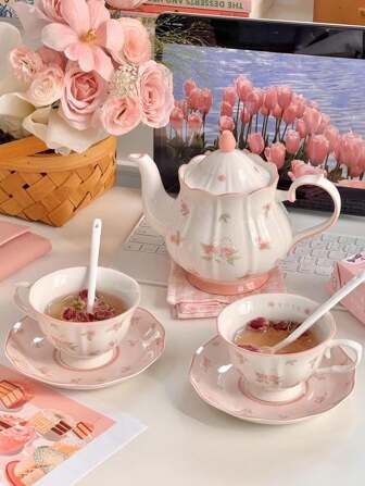 1 Set Pink Rabbit Print Cup And Saucer Set, Ins Style Feminine Afternoon Tea Dessert Cup And Saucer Set, Tea Party Cup And Saucer Set, Cute Coffee Cup And Saucer Set, Suitable For Dessert Shops, Cafes, Tea Houses