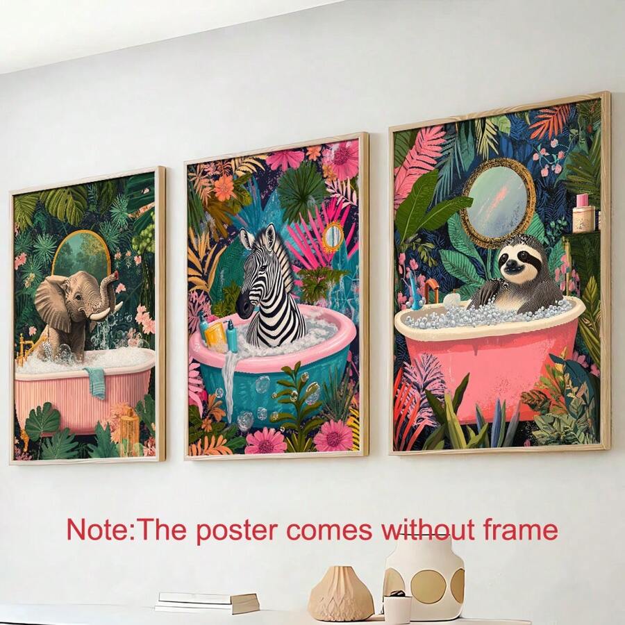 Juego de 3 pósteres sin marco con animales tropicales lindos en la bañera, de perezoso, elefante, cebra, arte de decoración de baño, impresión en lienzo, imagen de pared para dormitorio, apartamento, baño, decoración del hogar