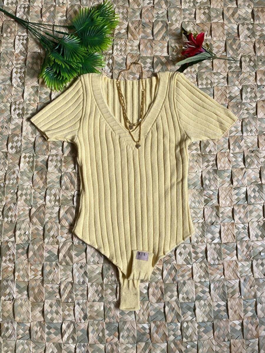 Women's Short Sleeve Premium Ribbed Bodysuit - 黃色 - 查看 1