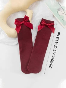 1 Pair Kids Bow Decor Long Stockings, Straight Cylinder Heelless Design, Front And Back Can Be Worn,Princess Style All Seasons - Burgundy - View 5