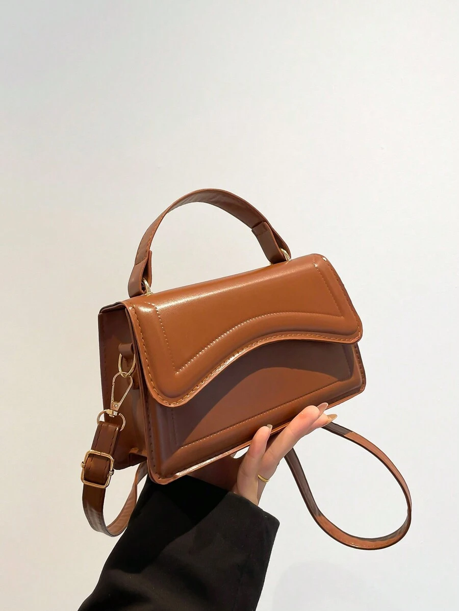 新款复古时尚女士手提包，优雅皮革单肩包，带盖盖，多用途斜挎包，纯色压花休闲挎包，办公室工作包 - 棕色 - 查看 1