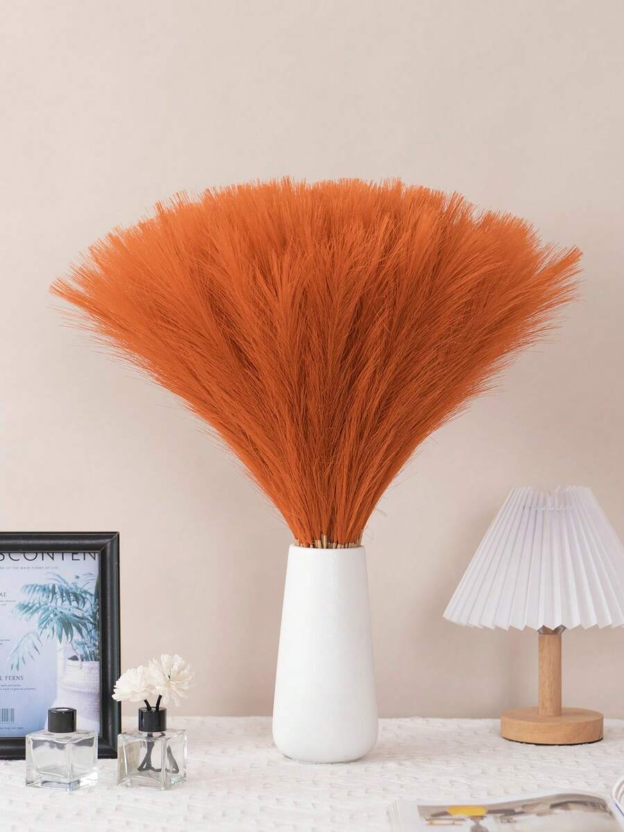 5 件人造蒲苇，55 厘米/21.6 英寸长，涤纶面料柔软坚韧，不易褪色，不怕挤压，可弯曲恢复形状，塑料人造植物 - 橘色 - 查看 1