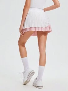 AFZ Womens Pleated Tennis Skirt Tiered Pleats High Waisted Flowy Golf Skorts Pocket With Shorts Inside - 粉紅白色 - 查看 2