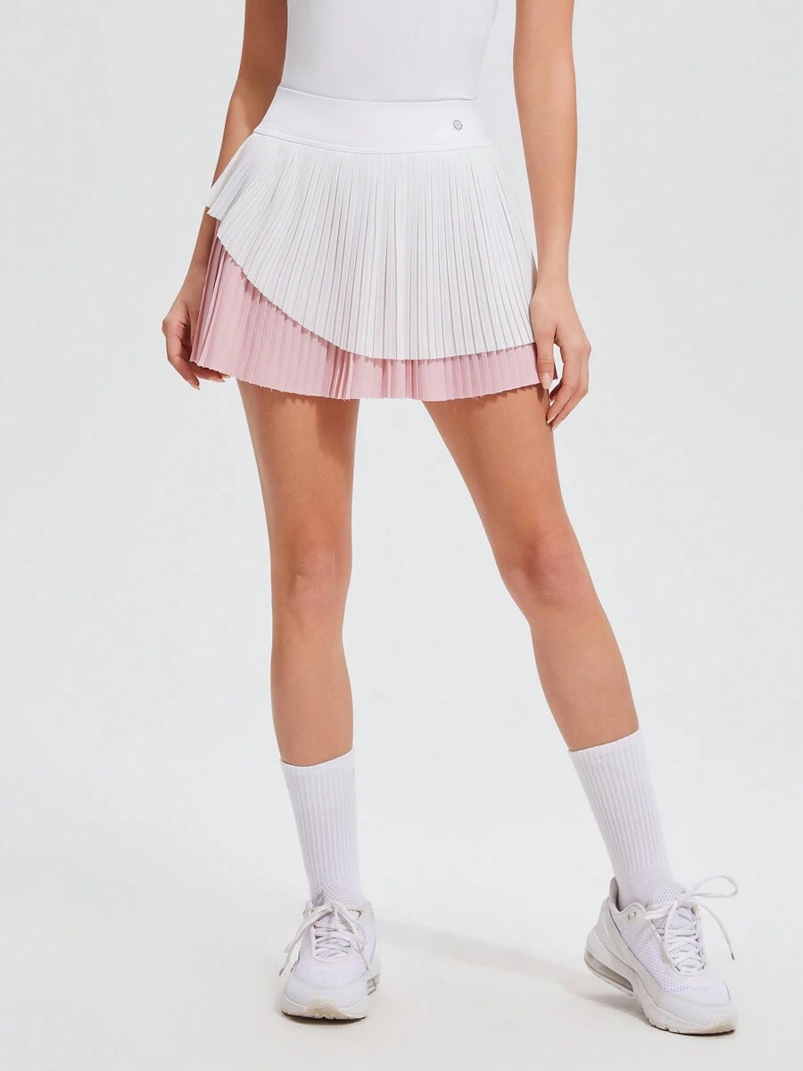 AFZ Womens Pleated Tennis Skirt Tiered Pleats High Waisted Flowy Golf Skorts Pocket With Shorts Inside - 粉紅白色 - 查看 1