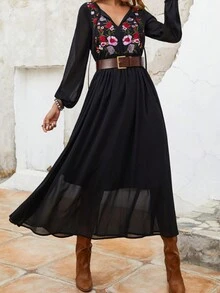 Rusttydustty Bohemian Style Solid Color Embroidered Loose Casual Comfortable Women Long Sleeve Dress - Black - View 1