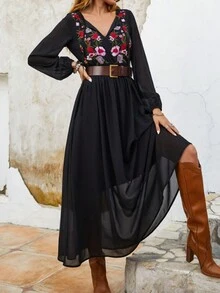 Rusttydustty Bohemian Style Solid Color Embroidered Loose Casual Comfortable Women Long Sleeve Dress - Black - View 2