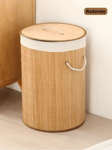 Natural Bamboo Dirty Clothes Storage Frame, Linen Lining With Lid, Portable - Circular - View 5