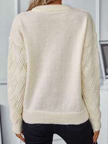 纯色扭纹针织毛衣复古圆领套头衫 - 米色 - 查看 2