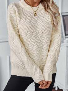 纯色扭纹针织毛衣复古圆领套头衫 - 米色 - 查看 5