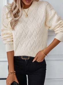 纯色扭纹针织毛衣复古圆领套头衫 - 米色 - 查看 3