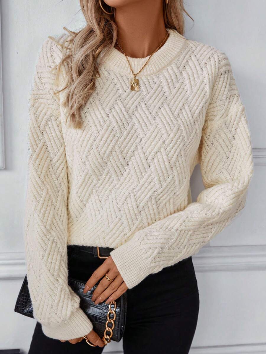 纯色扭纹针织毛衣复古圆领套头衫 - 米色 - 查看 1