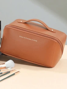 Túi đựng mỹ phẩm bằng da PU, dung tích lớn, túi đựng mỹ phẩm du lịch di động, dùng khi đi du lịch, túi đựng đồ trang điểm, túi đựng mỹ phẩm, túi đựng đồ đi nghỉ, túi đựng đồ trang điểm dung tích lớn, hộp đựng đồ trang điểm, đựng son môi, cọ, chăm sóc da, điện thoại di động, tiền xu, đồ dùng nhỏ, dùng cho gia đình, quà tặng, kỳ nghỉ và lễ hội, sử dụng đa chức năng cho Halloween, Giáng sinh - Màu nâu  Mocha - Xem 5