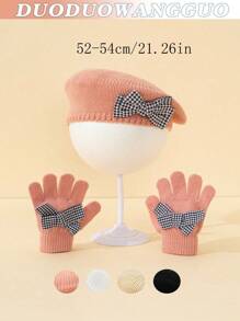 2 pièces / set : 2 pièces béret en tricot blanc pour enfants/tout-petits filles, béret d'artiste mignon, avec gants en acrylique tricoté, mode, élégant, populaire, pied-de-poule, décoration de nœud, , fin pour le début de l'hiver