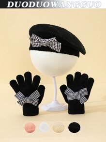2 pièces / set : 2 pièces béret en tricot blanc pour enfants/tout-petits filles, béret d'artiste mignon, avec gants en acrylique tricoté, mode, élégant, populaire, pied-de-poule, décoration de nœud, , fin pour le début de l'hiver