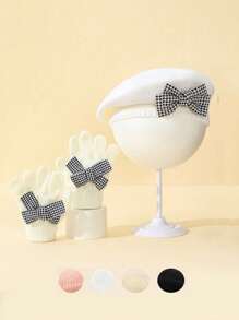 2 pièces / set : 2 pièces béret en tricot blanc pour enfants/tout-petits filles, béret d'artiste mignon, avec gants en acrylique tricoté, mode, élégant, populaire, pied-de-poule, décoration de nœud, , fin pour le début de l'hiver