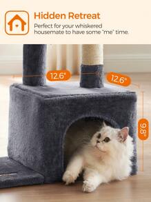 Feandrea Cat Tree, Small Cat Tower With Padded Platform, Cat Cave, 3 Pom Poms, Cat Activity Center, Smokey Grey MPCT121G01