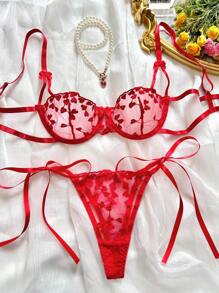 Sexy 2pcs Women Red Heart Embroidery See-Through Lingerie Set, Seductive, Intimate Nightclub Party & Valentine's Date, Rave - Red - View 2