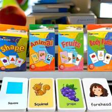 Tarjetas cognitivas para vocabulario en inglés en educación infantil temprana para bebés y niños pequeños, tarjetas flash de palabras de uso frecuente para suministros de kindergarten y juegos de homeschool para niños de preescolar, tarjetas de vocabulario de aprendizaje interesante y cognitivo para formas geométricas, animales, frutas, colores, tiempo, verduras, alimentos y bebidas, y partes del Body, regale a los niños un regalo de aprendizaje interesante, útiles escolares, regalos de Halloween y Navidad para estudiantes, escuela y niños - Multicolor - Ver 1
