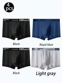 4 Pieces Men's Ice Silk Underwear Printed Waist Lightweight Breathable Sports Boxer Shorts
