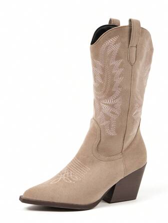 Fall/Winter 2025 New Velvet Pointed Toe Chunky Heel Western-Style Mid-Calf Boots,Cowboy Boots