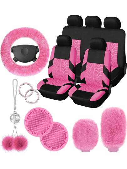 Juego completo de fundas para asientos de coche para mujeres, fundas universales para asientos delanteros y traseros, funda esponjosa para volante, funda de freno de mano y palanca de cambios de lana, soporte colgante para accesorios, pegatinas con insignias