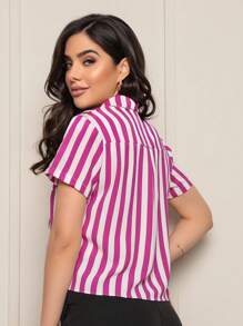 DUNA STRIPED SHORT SLEEVE SHIRT WITH BUTTON AND TIE IN FRONT 002 - 紫羅蘭色 - 查看 2