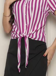 DUNA STRIPED SHORT SLEEVE SHIRT WITH BUTTON AND TIE IN FRONT 002 - 紫羅蘭色 - 查看 4